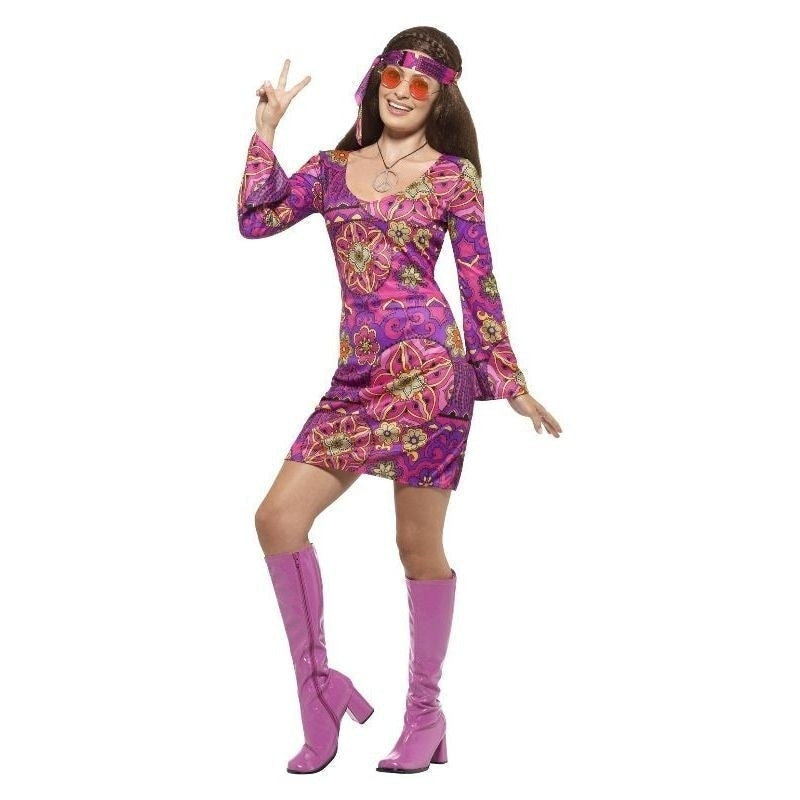 Costumes Australia 60s Hippie Chick Costume Adult Multi Coloured Dress Headscarf Medallion_2