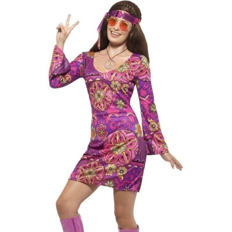 Costumes Australia 60s Hippie Chick Costume Adult Multi Coloured Dress Headscarf Medallion_1