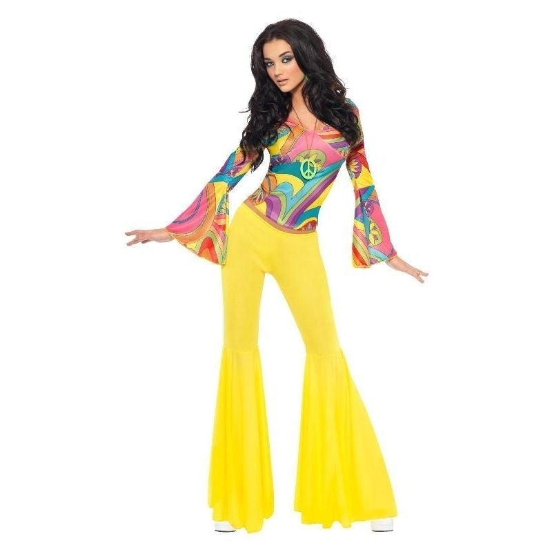 Costumes Australia 70s Groovy Babe Costume Adult Yellow Flared Trousers Multi Coloured Top_3