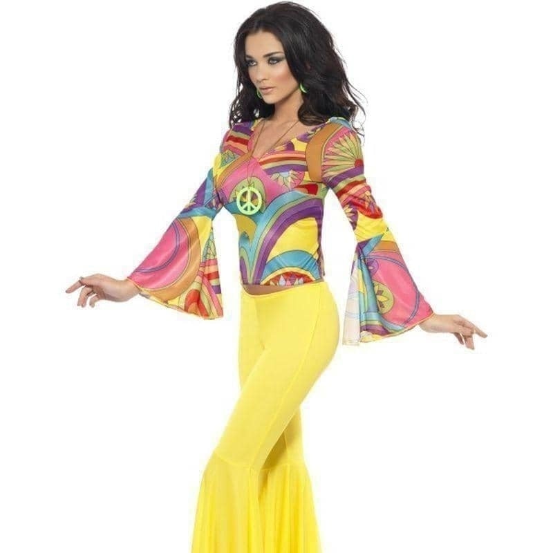 Costumes Australia 70s Groovy Babe Costume Adult Yellow Flared Trousers Multi Coloured Top_4