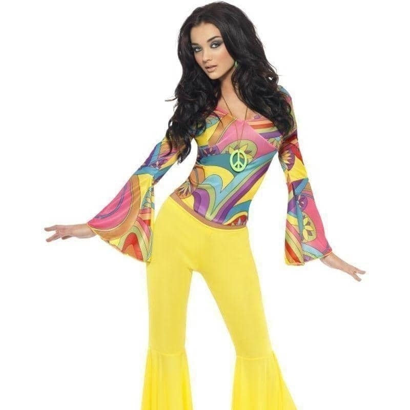 Costumes Australia 70s Groovy Babe Costume Adult Yellow Flared Trousers Multi Coloured Top_1