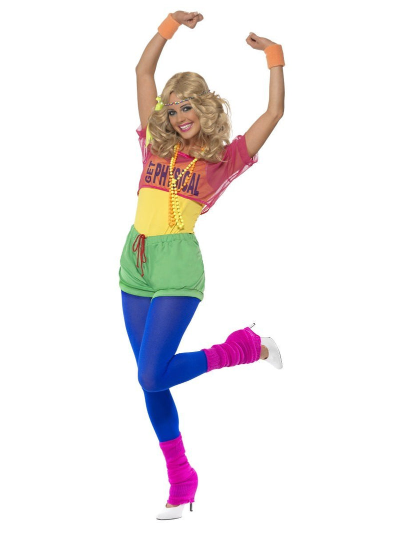 Costumes Australia 80s Lets Get Physical Girl Costume Adult Multi Coloured Leotard Top Shorts Headband_4