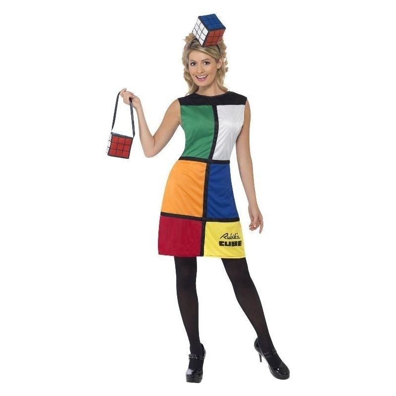 Costumes Australia 80s Rubiks Cube Costume Adult Multi Coloured Dress Bag Headband_3