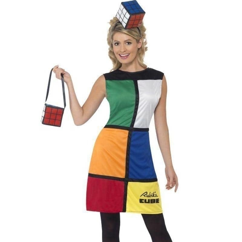 Costumes Australia 80s Rubiks Cube Costume Adult Multi Coloured Dress Bag Headband_1