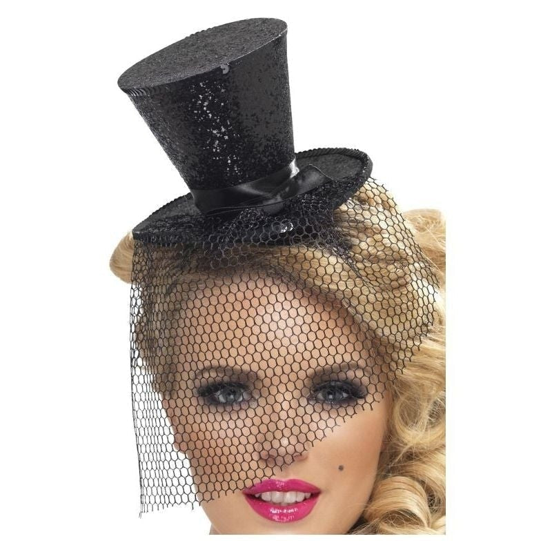 Costumes Australia Size Chart Burlesque Black Glitter Mini Top Hat With Veil