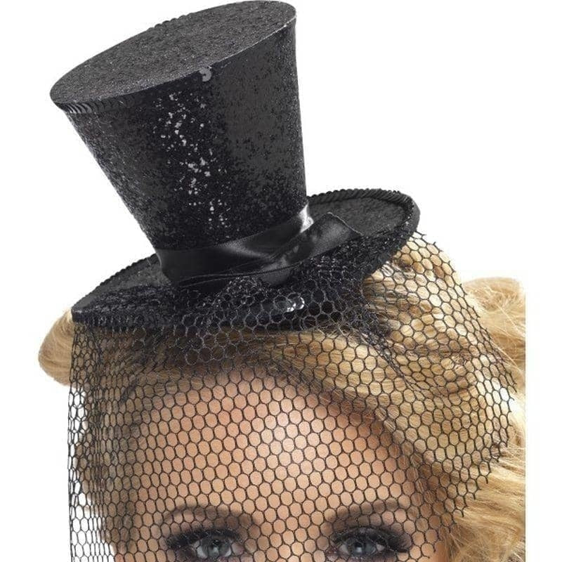 Costumes Australia Burlesque Black Glitter Mini Top Hat With Veil_1