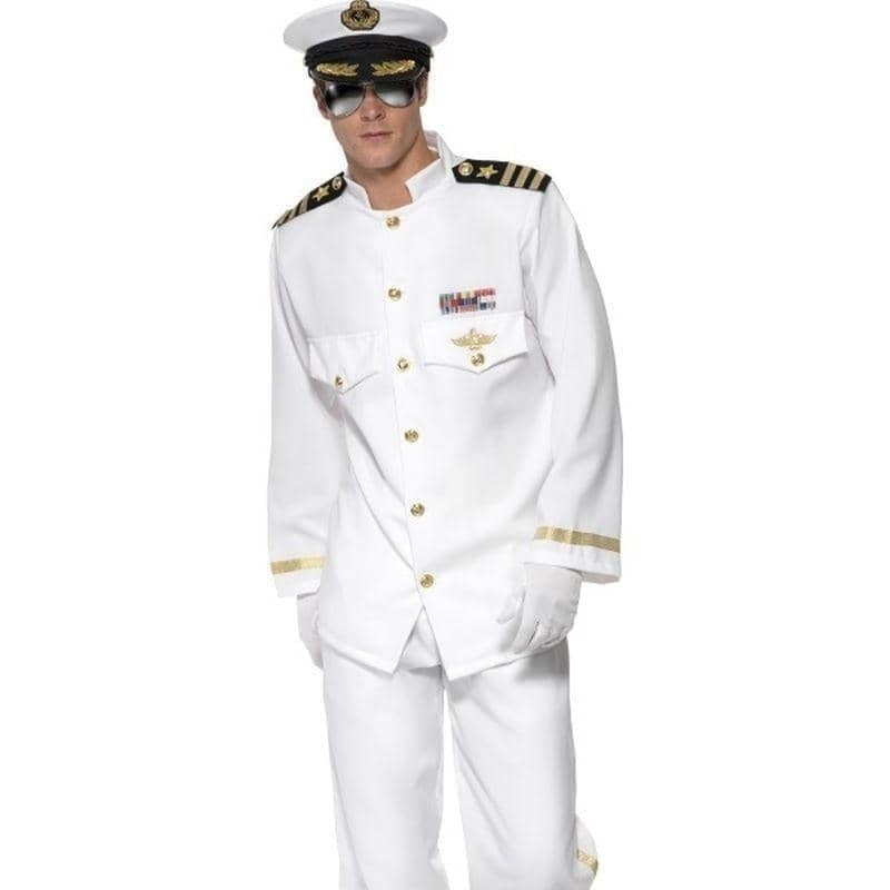 Costumes Australia Captain Deluxe Costume Adult White Gold Jacket Trousers Cap Gloves_1