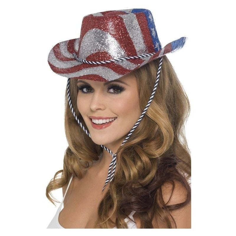 Costumes Australia Size Chart Cowboy Glitter Hat Stars & Stripes Adult Red Silver