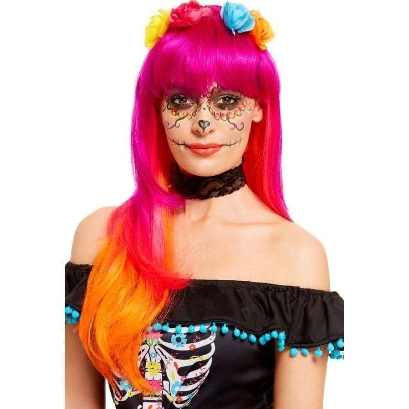 Costumes Australia Day Of The Dead Wig Adult Pink Orange_1