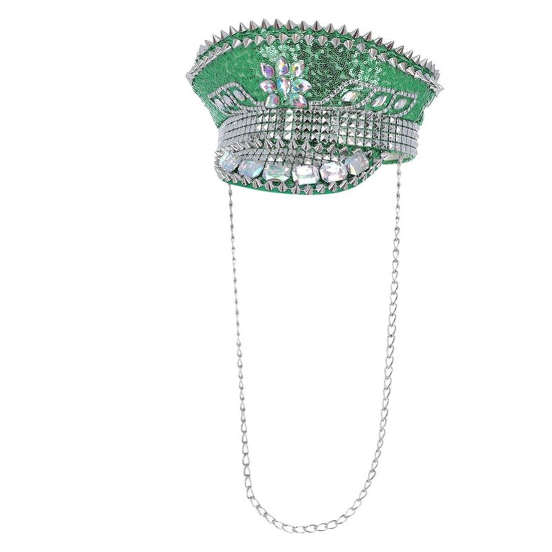 Costumes Australia Fever Deluxe Sequin Studded Captains Hat Adult Green Sequins Chain_1