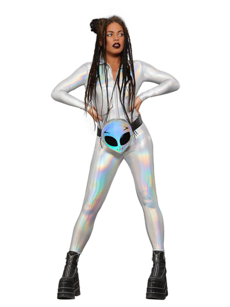 Costumes Australia Fever Miss Whiplash Mirror Holographic Costume Adult Silver Catsuit_2