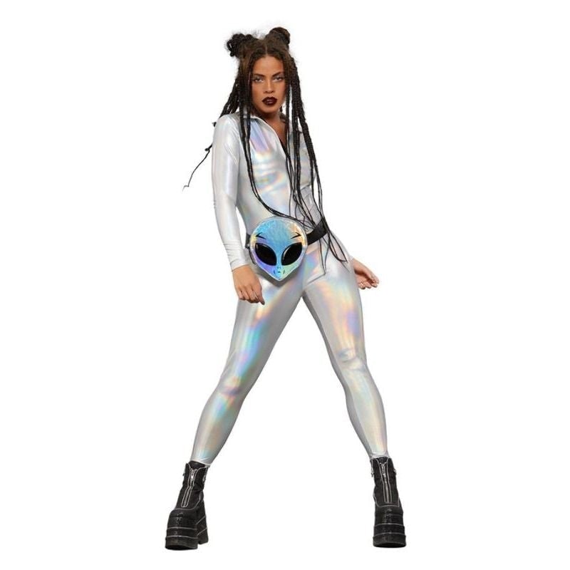 Costumes Australia Fever Miss Whiplash Mirror Holographic Costume Adult Silver Catsuit_1