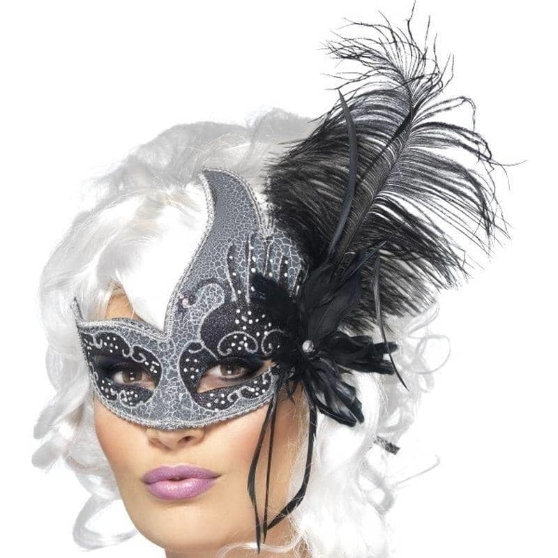 Costumes Australia Masquerade Dark Angel Eyemask Adult Silver Black Tie Sides Feathers_1