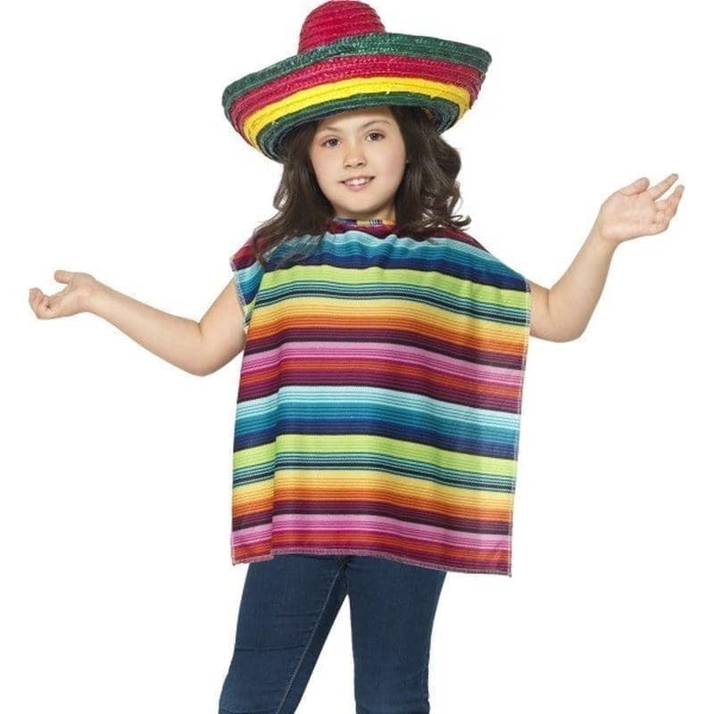 Costumes Australia Mexican Instant Kit Kids Multi Coloured Poncho Sombrero_1