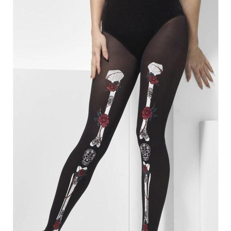 Costumes Australia Opaque Day Of The Dead Tights Adult Black_1