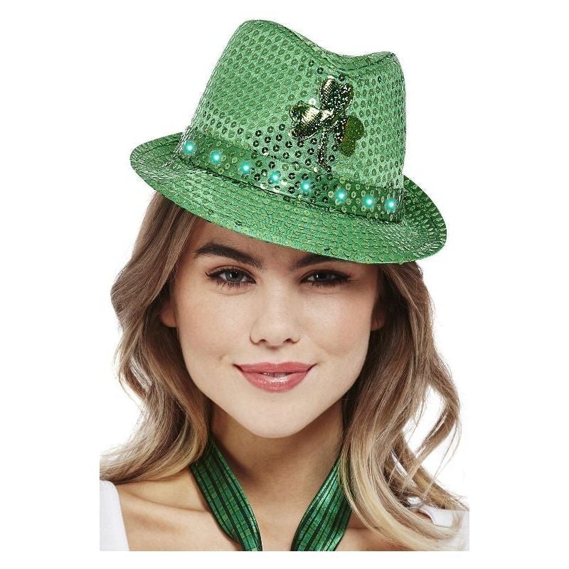 Costumes Australia Paddys Day Light Up Sequin Trilby Hat Motiff LED Lights_1