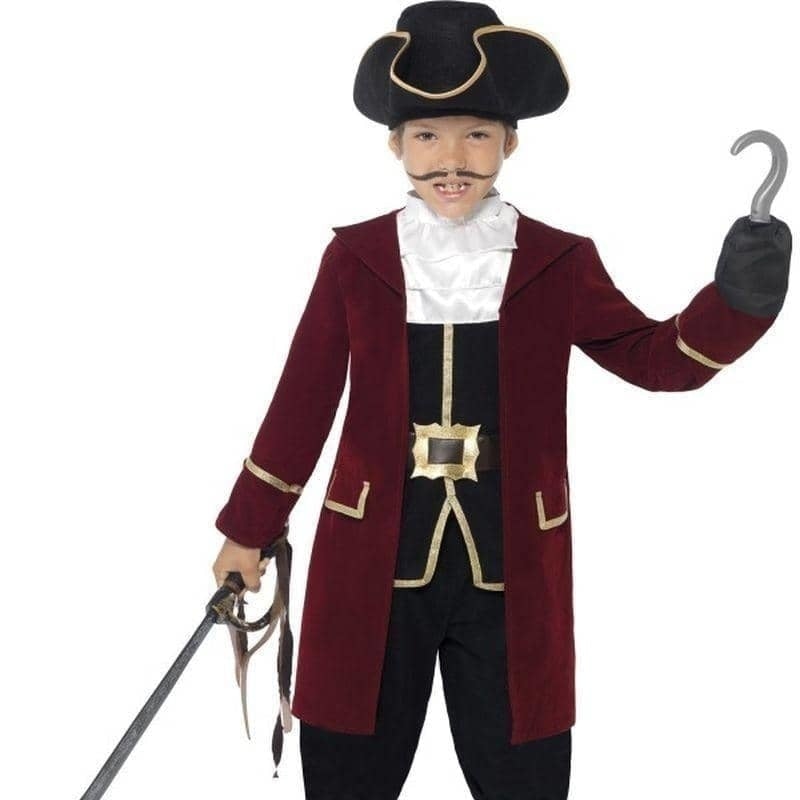 Costumes Australia Pirate Captain Deluxe Costume Kids Red Black Jacket Waistcoat Trousers Scarf Hat_2