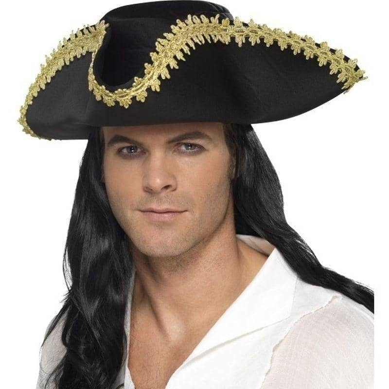 Costumes Australia Pirate Hat Adult Black Tricorn Gold Trim Costume Accessory_1