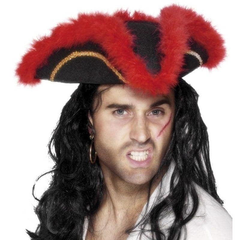 Costumes Australia Pirate Tricorn Hat Red Feather Adult Black_1