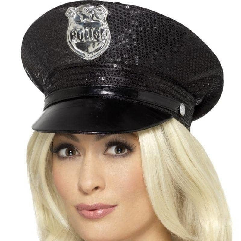 Costumes Australia Police Hat Adult Fever Sequin Black_1