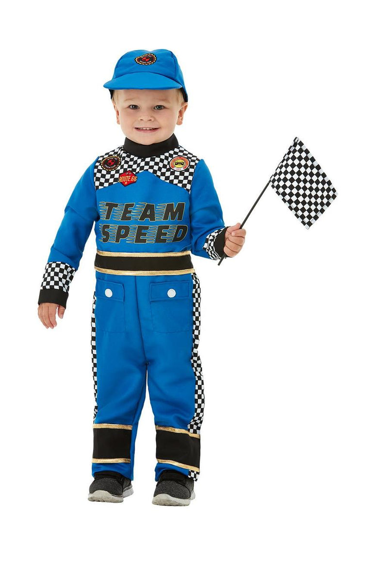 Costumes Australia Racing Car Driver Costume Toddler Blue Jumpsuit Cap Flag_2