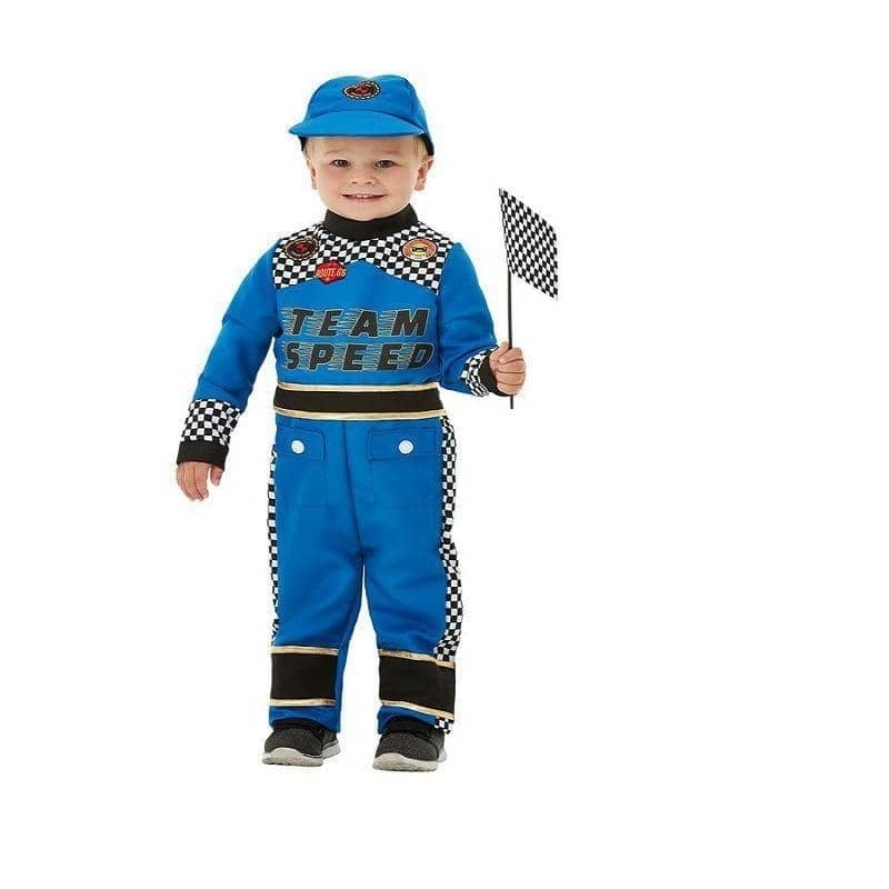 Costumes Australia Racing Car Driver Costume Toddler Blue Jumpsuit Cap Flag_1