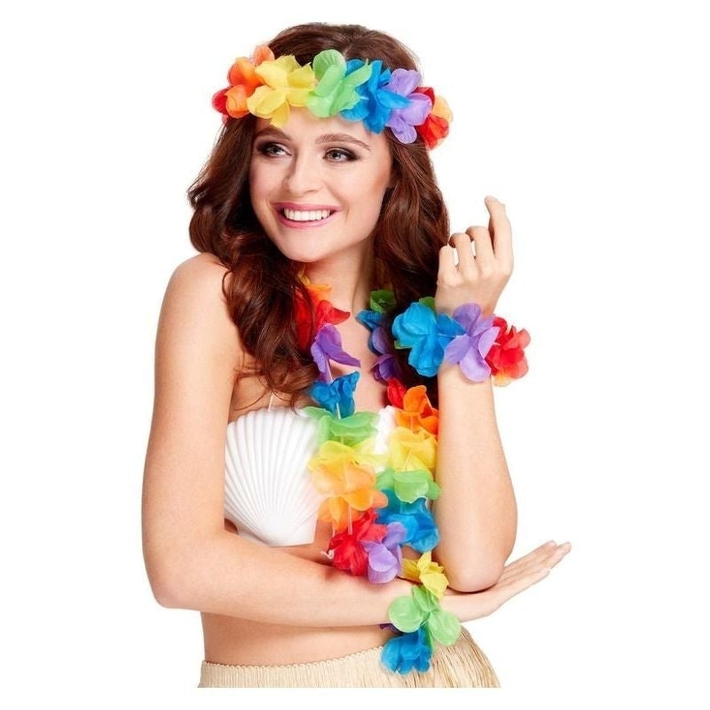 Costumes Australia Rainbow Hawaiian Set Adult Multi Coloured Garland Headband Wristband_2