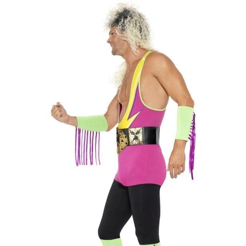 Costumes Australia Retro Wrestler Costume Adult Multi Coloured Bodysuit Belt Arm Leg Cuffs_3