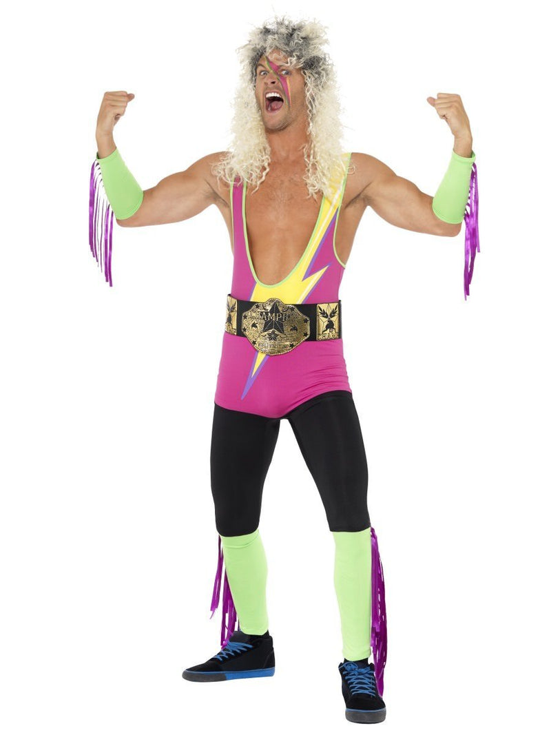 Costumes Australia Retro Wrestler Costume Adult Multi Coloured Bodysuit Belt Arm Leg Cuffs_4