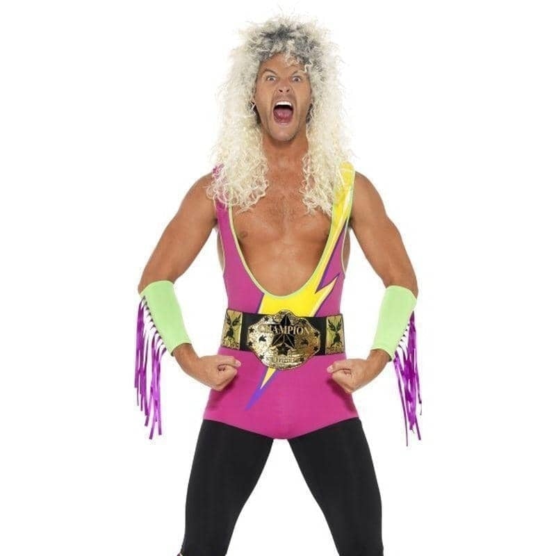 Costumes Australia Retro Wrestler Costume Adult Multi Coloured Bodysuit Belt Arm Leg Cuffs_1