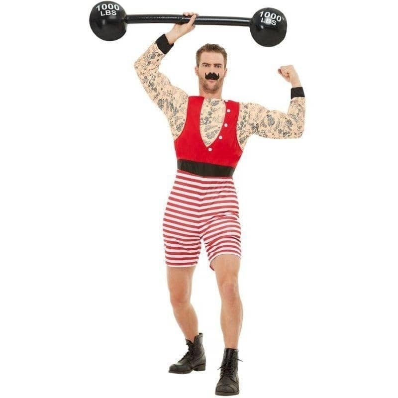 Costumes Australia Strongman Muscle Tattoo Costume Adult Red White Striped Jumpsuit_1