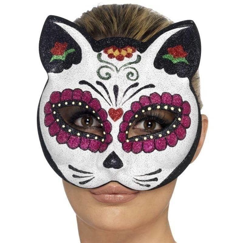 Costumes Australia Sugar Skull Cat Glitter Eyemask Adult White_1