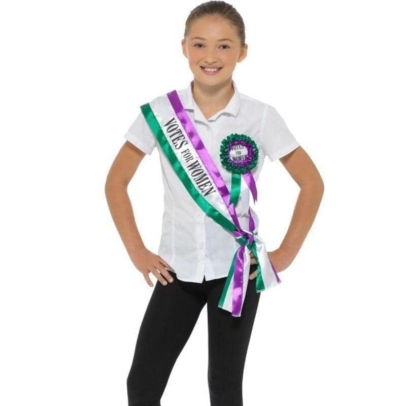 Costumes Australia Victorian Suffragette Kit Childs White Purple Sash And Rosette_1