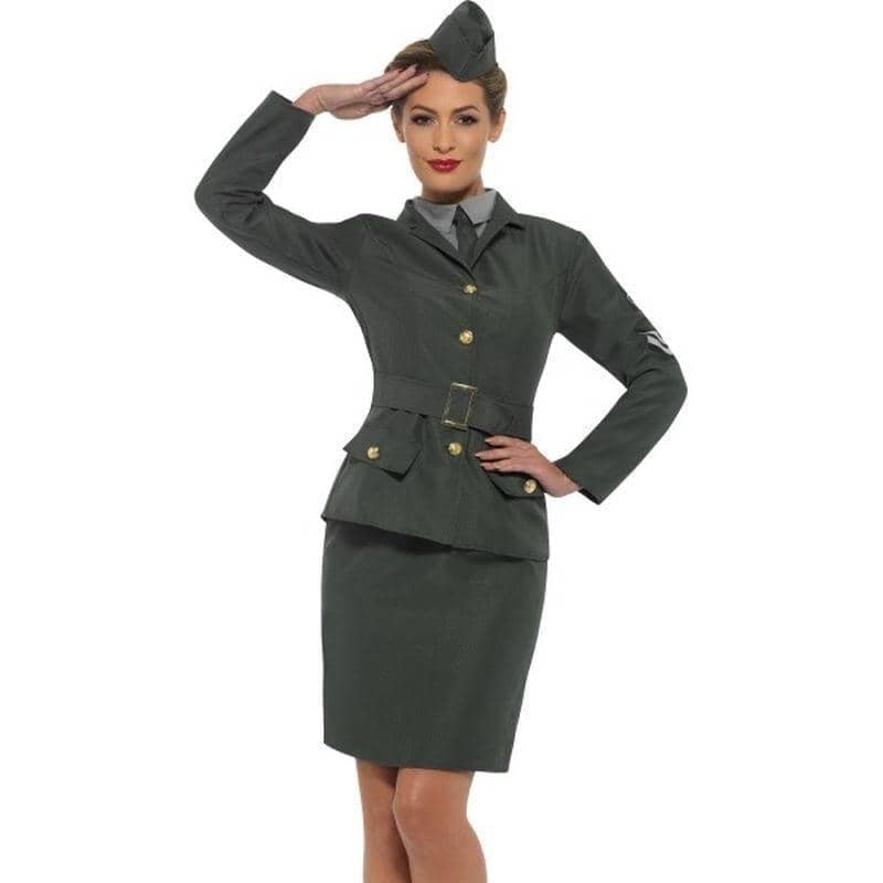 Costumes Australia WW2 Army Girl Costume Adult Green Jacket, Mock Shirt Skirt Hat_1