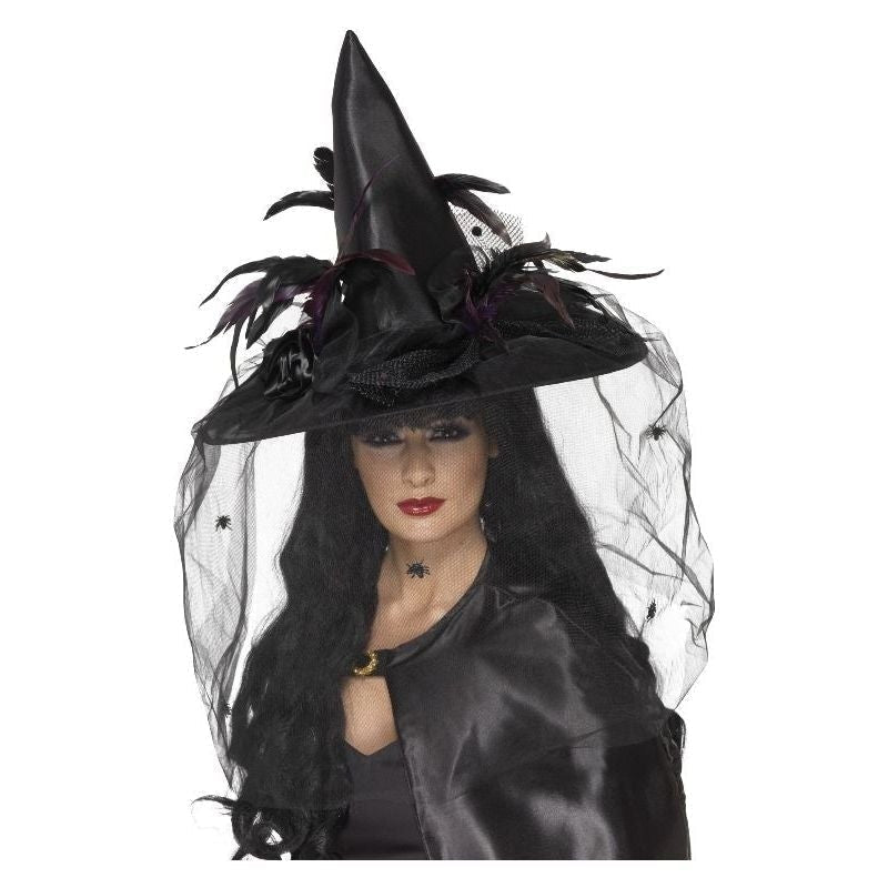 Costumes Australia Size Chart Witch Hat Feathers Spider Netting Adult Deluxe Black