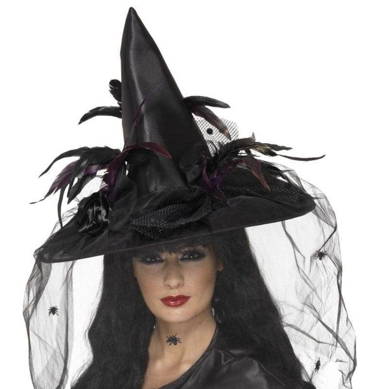 Costumes Australia Witch Hat Feathers Spider Netting Adult Deluxe Black_1