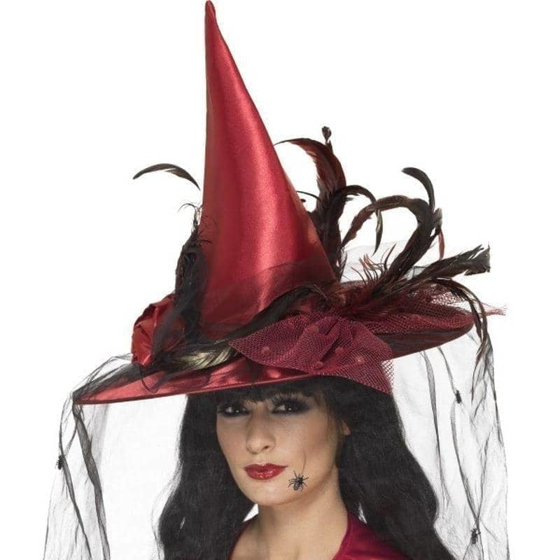 Costumes Australia Size Chart Witches Hat Adult Deep Red Net And Feathers