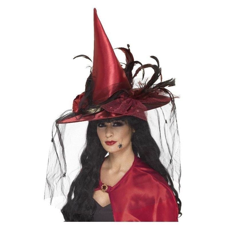 Costumes Australia Witches Hat Adult Deep Red Net And Feathers_1