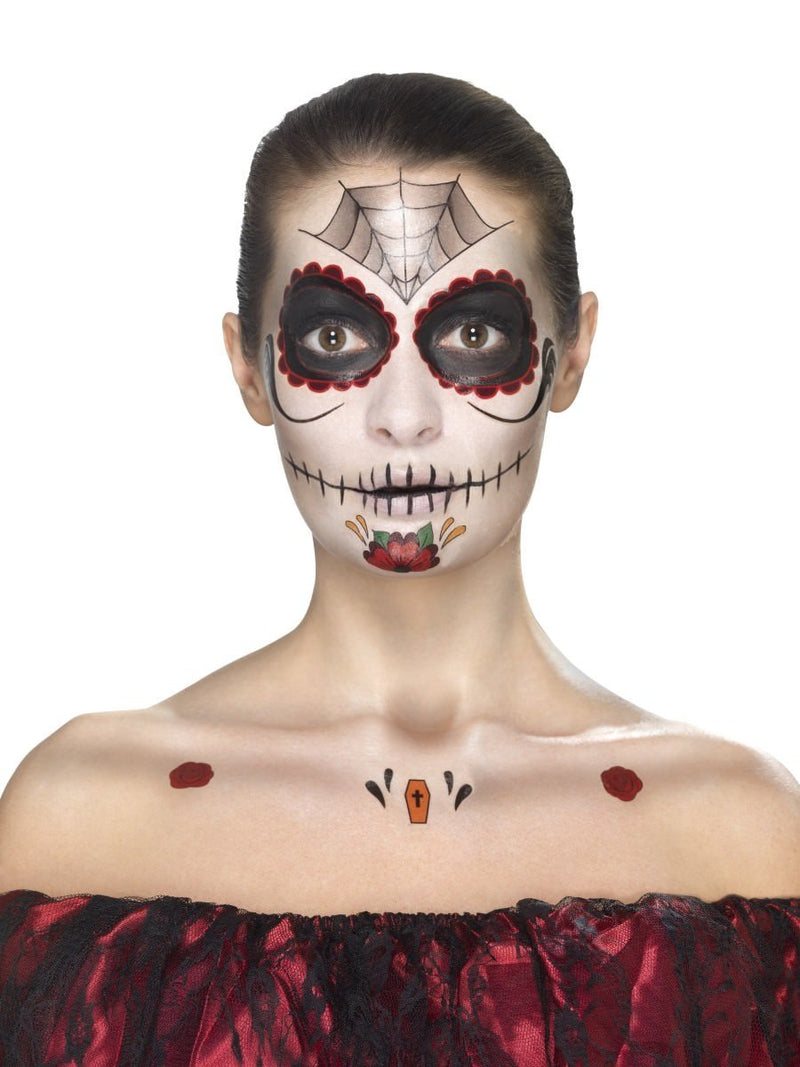 Day Of The Dead Face Tattoo Transfers Kit Aqua Adult Red Black