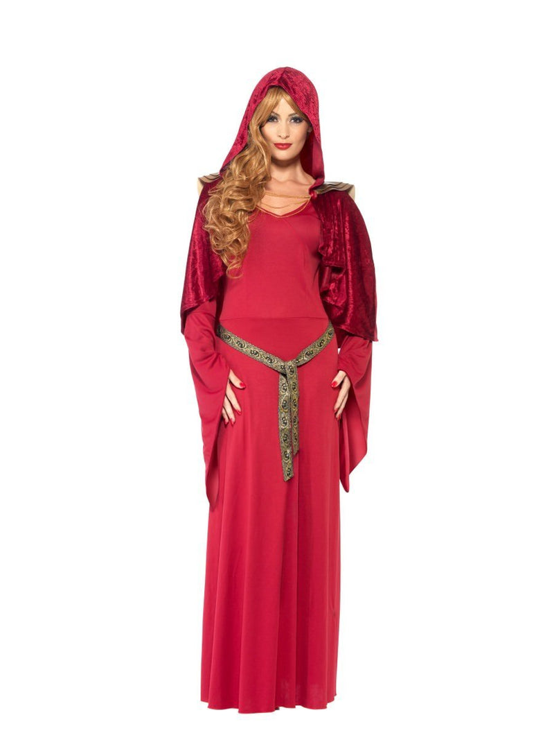 High Priestess Costume Adult Red Dress Attached Belt Hooded Cape